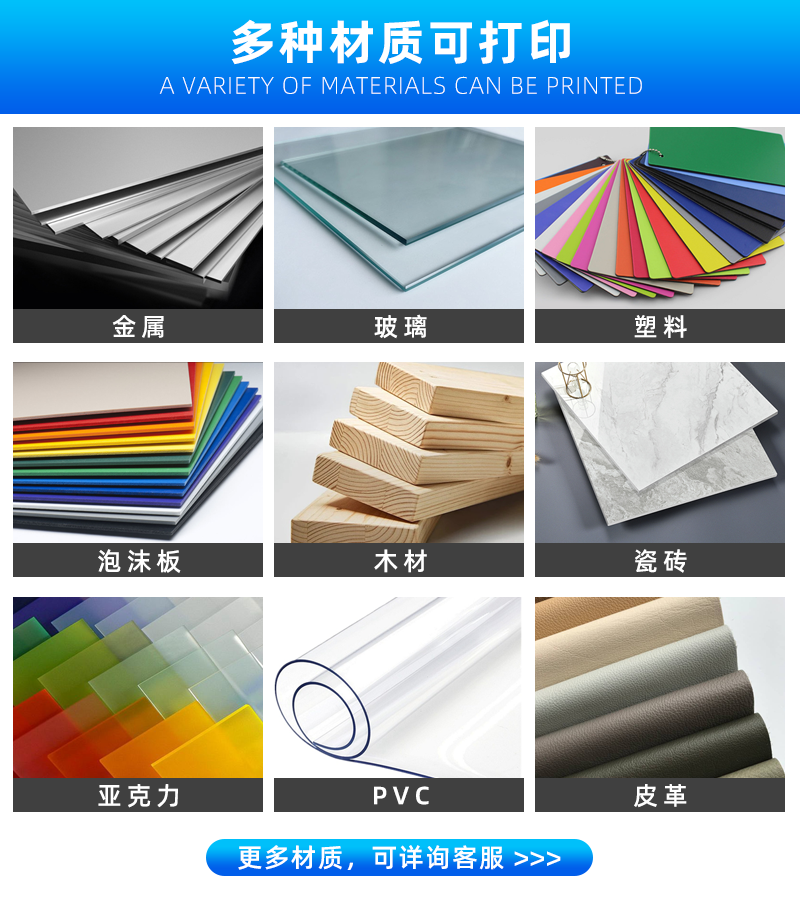可打印的材料：金屬。玻璃、塑料